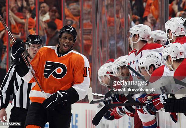 Wayne Simmonds of the Philadelphia Flyers celebrates his game winning goal in the shootout against the Washington Capitals at the Wells Fargo Center...