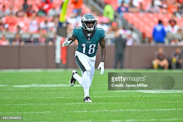 Wide receiver Jalen Reagor of the Philadelphia Eagles runs a play during the second quarter of a preseason game against the Cleveland Browns at...