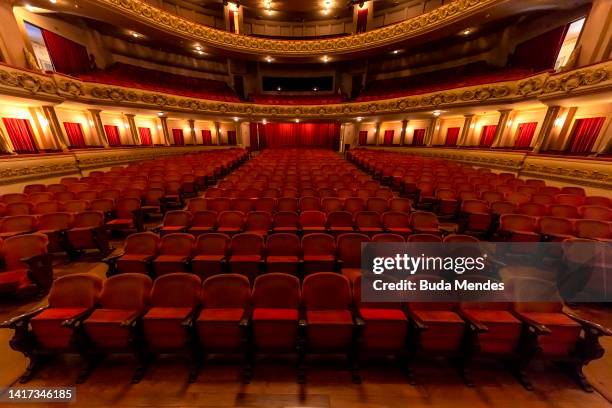 View of the stage and seats of Rio's Theatro Municipal on August 01, 2022 in Rio de Janeiro, Brazil. This Opera House located in the city center, is...