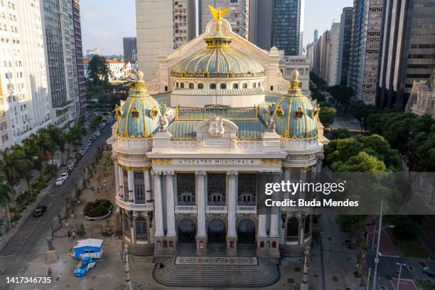 Aerial view of Rio's Theatro Municipal on August 01, 2022 in Rio de Janeiro, Brazil. This Opera House located in the city center, is considered one...