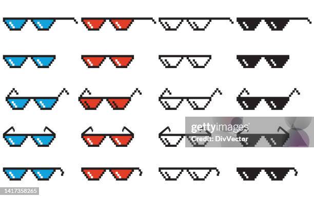 ilustraciones, imágenes clip art, dibujos animados e iconos de stock de conjunto vectorial de gafas de píxeles - meme