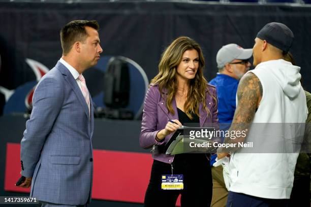 James Palmer of the NFL Network and Erin Andrews of Fox visit with Kenny Stills of the Houston Texans before an NFL football game against the...