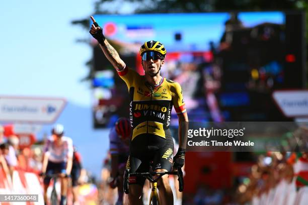 Primoz Roglic of Slovenia and Team Jumbo - Visma celebrates at finish line as stage winner during the 77th Tour of Spain 2022, Stage 4 a 152,4km...