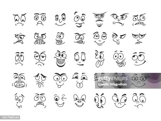 ilustraciones, imágenes clip art, dibujos animados e iconos de stock de conjunto de doodles emoji, emociones de cara - mouth