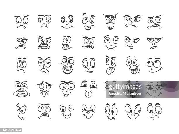 ilustrações, clipart, desenhos animados e ícones de emoji doodles set, face emotions - smiley faces