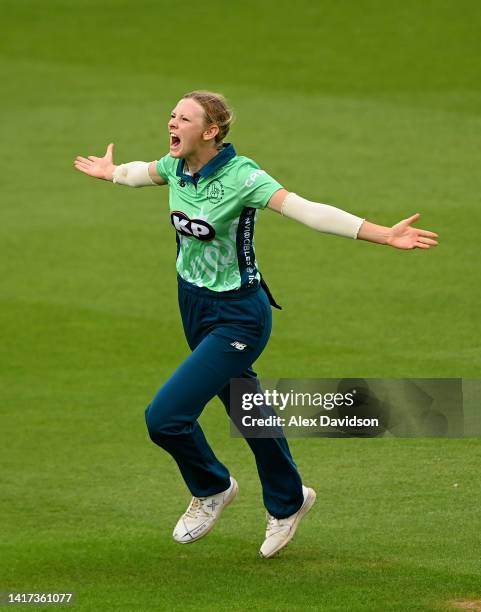 Sophia Smale of Oval Invincibles celebrates taking the wicket of Sophie Devine of Birmingham Phoenix during the Hundred match between Oval...