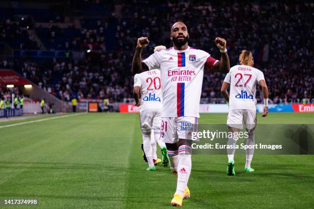 Alexandre Lacazette of Lyon celebrating his goal during the Ligue 1 Uber Eats match between Olympique Lyonnais and ESTAC Troyes at Groupama Stadium...