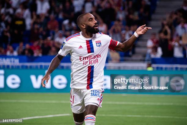 Alexandre Lacazette of Lyon celebrates his goal during the Ligue 1 Uber Eats match between Olympique Lyonnais and ESTAC Troyes at Groupama Stadium on...