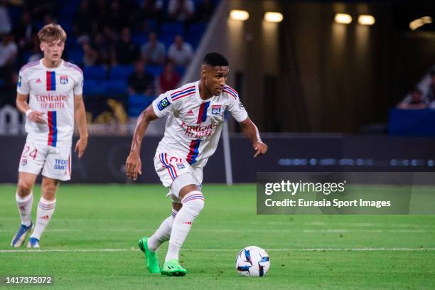 Mateus Cardoso of Lyon controls the ball during the Ligue 1 Uber Eats match between Olympique Lyonnais and ESTAC Troyes at Groupama Stadium on August...