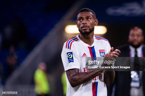 Jeff Reine-Adelaide of Lyon thanks supporters for standing during the Ligue 1 Uber Eats match between Olympique Lyonnais and ESTAC Troyes at Groupama...