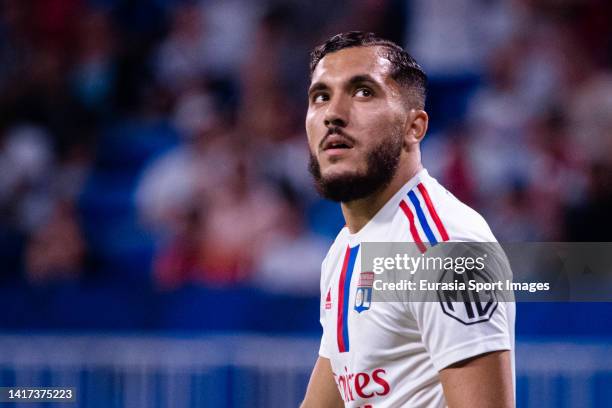 Rayan Cherki of Lyon walks in the field during the Ligue 1 Uber Eats match between Olympique Lyonnais and ESTAC Troyes at Groupama Stadium on August...