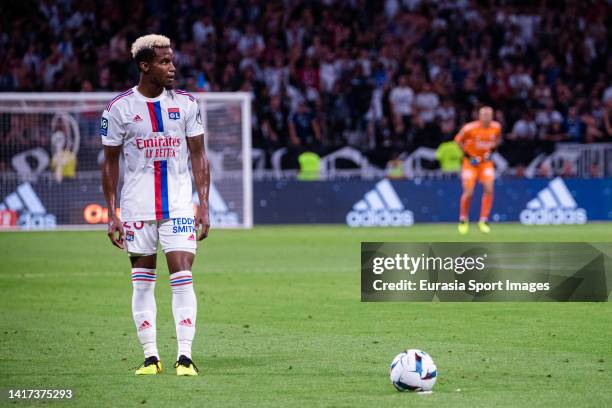 Thiago Mendes of Lyon in action during the Ligue 1 Uber Eats match between Olympique Lyonnais and ESTAC Troyes at Groupama Stadium on August 19, 2022...