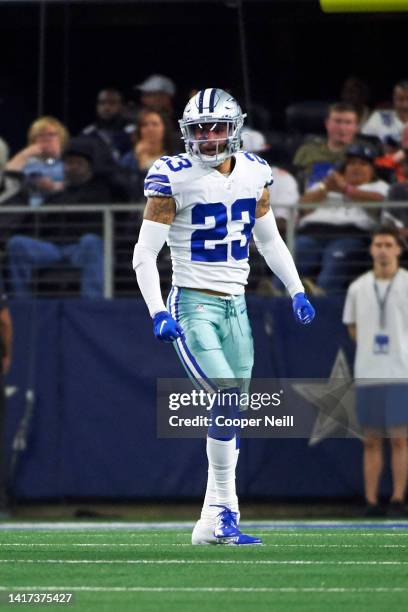 Darian Thompson of the Dallas Cowboys reacts after a play during an NFL football game against the Buffalo Bills in Arlington, Texas, Thursday, Nov....