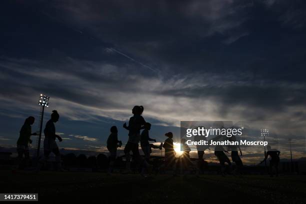The Juventus team warms up silhouetted against the sunset prior to kick off in the UEFA Women's Champions League, CP Group 6 Final between Juventus...