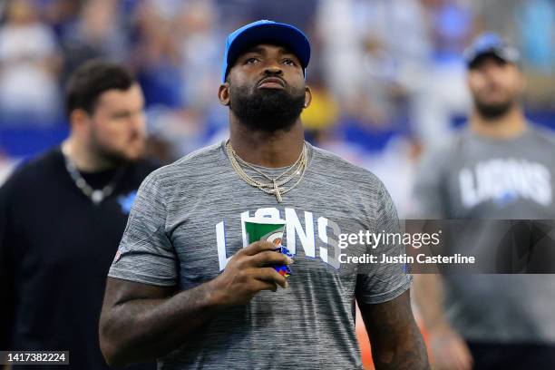 Michael Brockers of the Detroit Lions walks off the field after the preseason game against the Indianapolis Colts at Lucas Oil Stadium on August 20,...