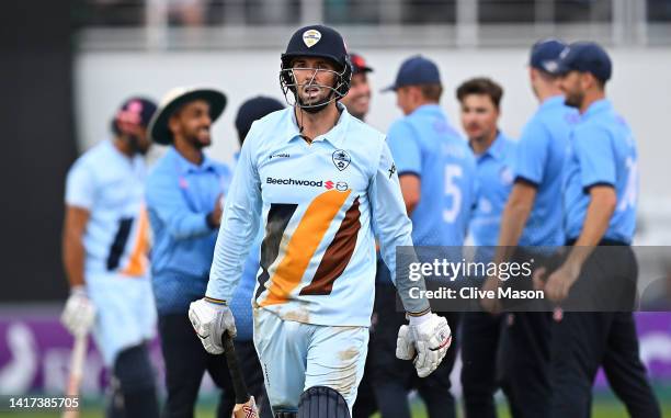 Billy Godleman of Derbyshire walks off after being run out by Ricardo Vasconcelos of Northamptonshire during the Royal London One Day Cup match...