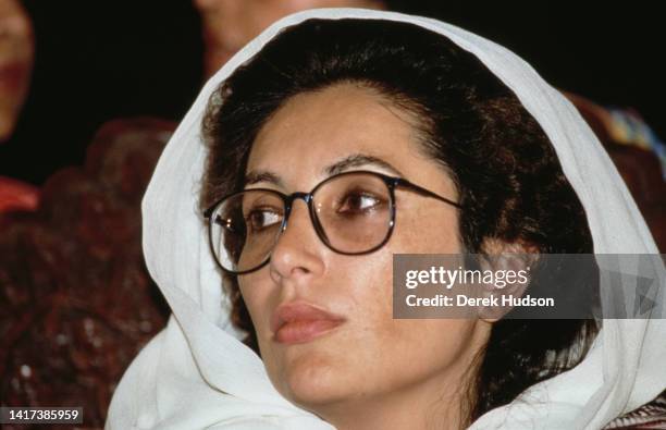 Close-up of Pakistani Prime Minister Benazir Bhutto as she campaigns during the Pakistani General Election, Karachi, Pakistan, October 11, 1990.