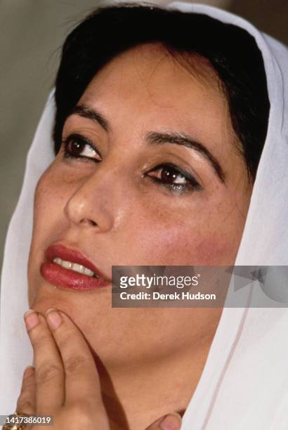Close-up of Pakistani Prime Minister Benazir Bhutto as she campaigns during the Pakistani General Election, Karachi, Pakistan, October 11, 1990.