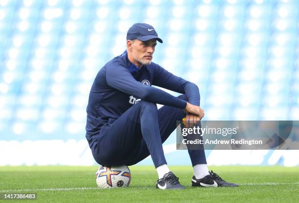 Thomas Tuchel, Chelsea manager, looks onduring a Chelsea Training Session at Stamford Bridge on August 23, 2022 in London, England.