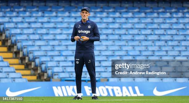 Thomas Tuchel, Chelsea manager, looks on during a Chelsea Training Session at Stamford Bridge on August 23, 2022 in London, England.