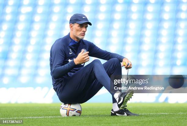 Thomas Tuchel, Chelsea manager, looks on during a Chelsea Training Session at Stamford Bridge on August 23, 2022 in London, England.