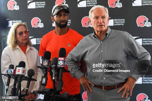 Managing and principal partners Jimmy Haslam and Dee Haslam along with general manager Andrew Berry of the Cleveland Browns speak during a press...