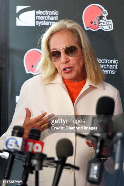 Managing and principal partner Dee Haslam of the Cleveland Browns speaks during a press conference prior to a joint practice with the Philadelphia...