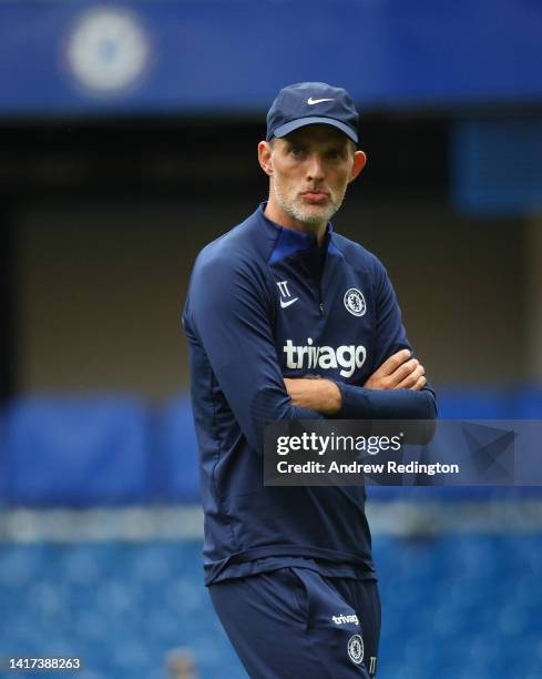 Thomas Tuchel, Chelsea manager, looks on during a Chelsea Training Session at Stamford Bridge on August 23, 2022 in London, England.