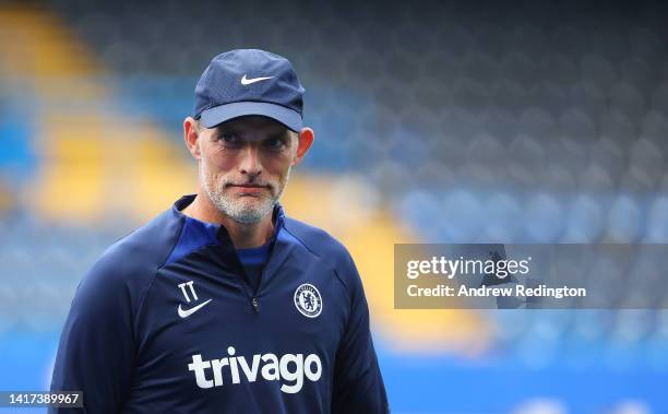 Thomas Tuchel, Chelsea manager, looks on during a Chelsea Training Session at Stamford Bridge on August 23, 2022 in London, England.