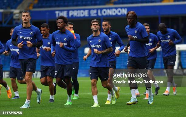 Chelsea players take to the pitch during a Chelsea Training Session at Stamford Bridge on August 23, 2022 in London, England.