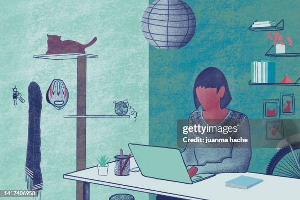 illustration of a woman teleworking from home - ordenador stock-fotos und bilder