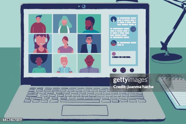 illustration of a laptop with a group work video call. - laptop frontal stock pictures, royalty-free photos & images