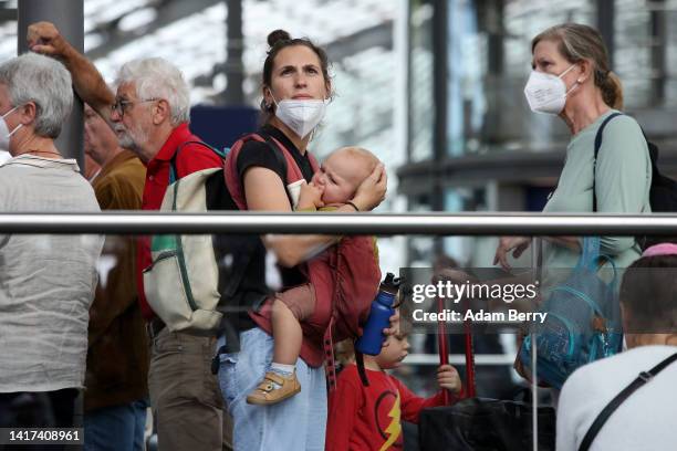 Refugees from Ukraine arrive at the main train station on August 23, 2022 in Berlin, Germany. The following day, August 24, is the 31st anniversary...