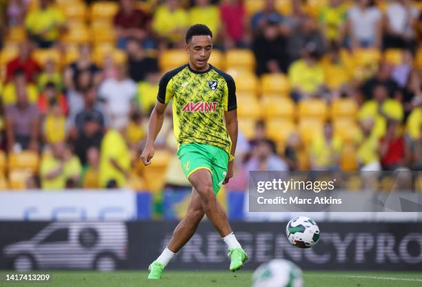 Aaron Ramsey of Norwich City warms up prior to the Carabao Cup Second Round match between Norwich City and AFC Bournemouth at Carrow Road on August...