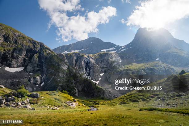 close up of melting snow on mountain cliff in the oisans massif in french alps in summer - cascade france stockfoto's en -beelden