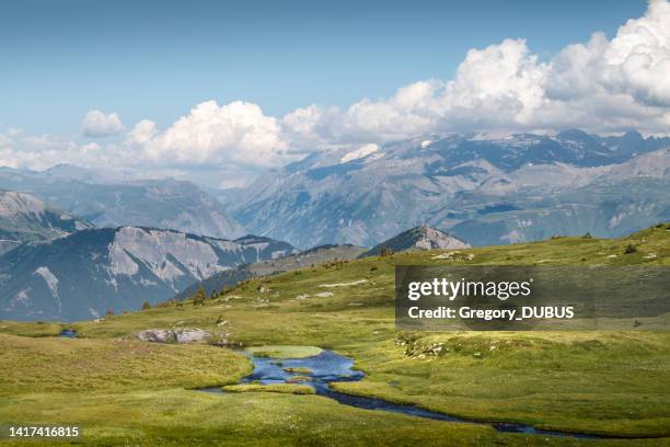 high viewpoint over the parc des ecrins in the french alps mountains in summer - auvergne rhône alpes stock pictures, royalty-free photos & images