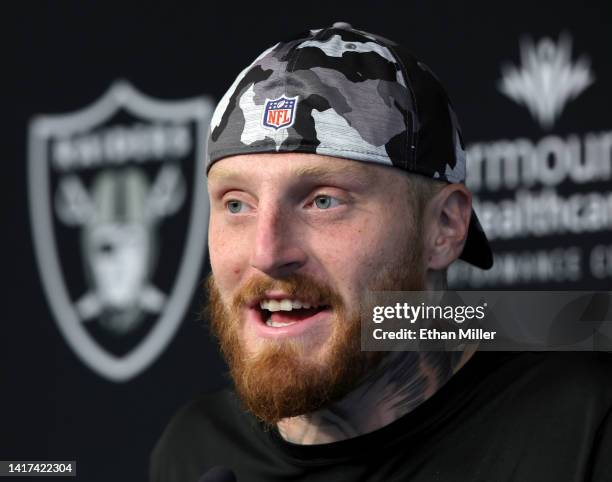 Defensive end Maxx Crosby of the Las Vegas Raiders speaks at a news conference after a joint practice with the New England Patriots at the Las Vegas...