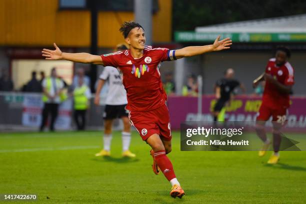 Tom Nichols of Crawley Town celebrates after scoring their team's first goal during the Carabao Cup Second Round match between Crawley Town and...