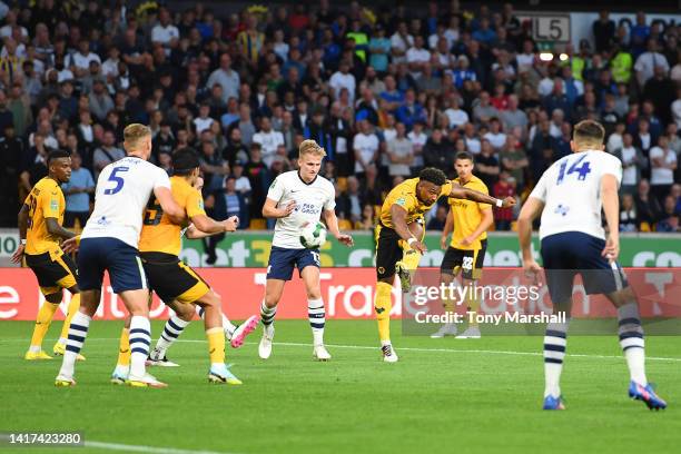 Adama Traore of Wolverhampton Wanderers scores their team's second goal during the Carabao Cup Second Round match between Wolverhampton Wanderers and...