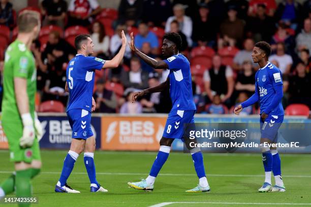 Michael Keane (L0 and Amadou Onana of Everton celebrate the goal of Demarai Gray during he Carabao Cup Second Round match between Fleetwood Town and...
