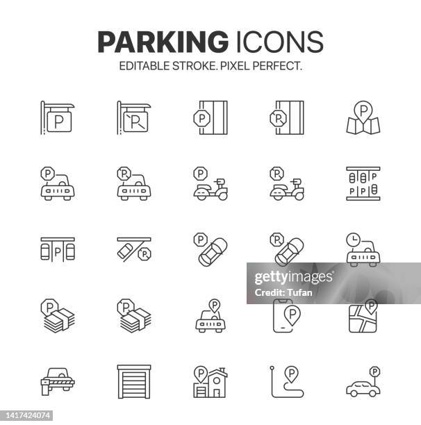 parking icon set. outline parking symbol vector. car parking lot symbol vector - parking stock illustrations