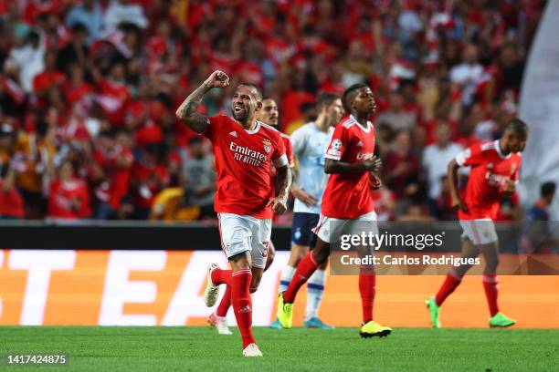 Nicolas Otamendi of Benfica celebrates after scoring their side's first goal during the UEFA Champions League Play-Off Second Leg match between SL...