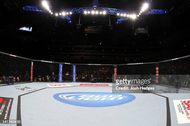 General view of the Octagon ring before the match with Takeya Mizugaki and Chris Cariaso during the UFC 144 event at Saitama Super Arena on February...