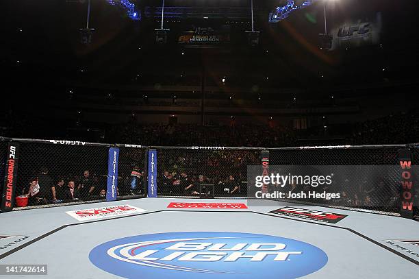 General view of the Octagon ring before the match with Takeya Mizugaki and Chris Cariaso during the UFC 144 event at Saitama Super Arena on February...