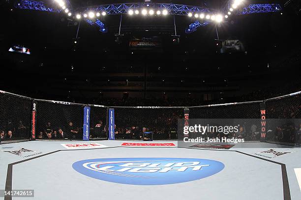 General view of the Octagon ring before the match with Takeya Mizugaki and Chris Cariaso during the UFC 144 event at Saitama Super Arena on February...