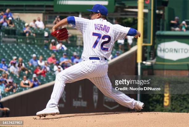 Javier Assad of the Chicago Cubs throws a pitch during the first inning of Game One of a doubleheader against the St. Louis Cardinals at Wrigley...