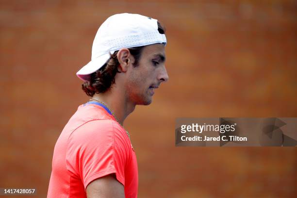 Lorenzo Musetti of Italy looks on during the second round match against Richard Gasquet of France on day four of the Winston-Salem Open at Wake...