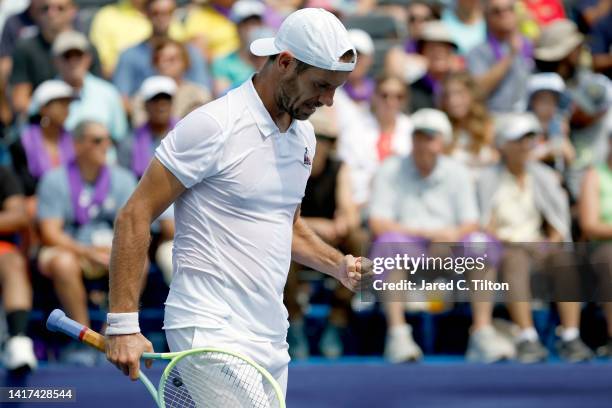 Richard Gasquet of France reacts following a point against Lorenzo Musetti of Italy during their second round match on day four of the Winston-Salem...