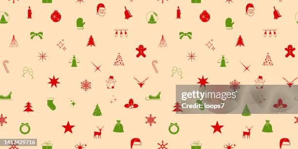 weihnachtsrote & grüne ikonen in einer nahtlosen musteranordnung - christmas wrapping paper stock-grafiken, -clipart, -cartoons und -symbole