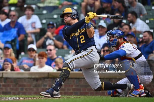 Luis Urías of the Milwaukee Brewers bats against the Chicago Cubs at Wrigley Field on August 20, 2022 in Chicago, Illinois.